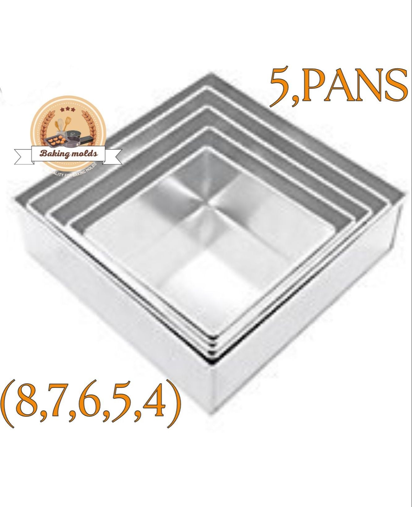 Square baking cake pan - 5 pcs cake pan 8,7,6,5,4, inches