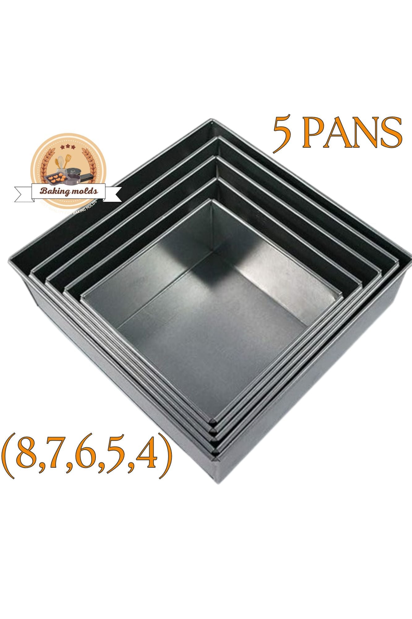 Square baking cake pan - 5 pcs cake pan 8,7,6,5,4, inches